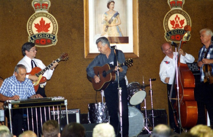 Lloyd Bank, Ron Coulthard, Larry Mercey, Lynn Russwurm and Victor Pasowisty performing at the first CKNX Barndance Historical Society annual general meeting